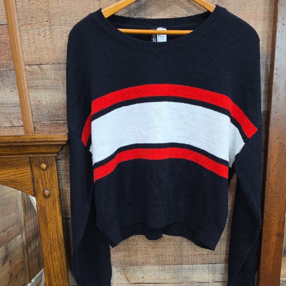 Chic Black Sweater with Red and White Stripes